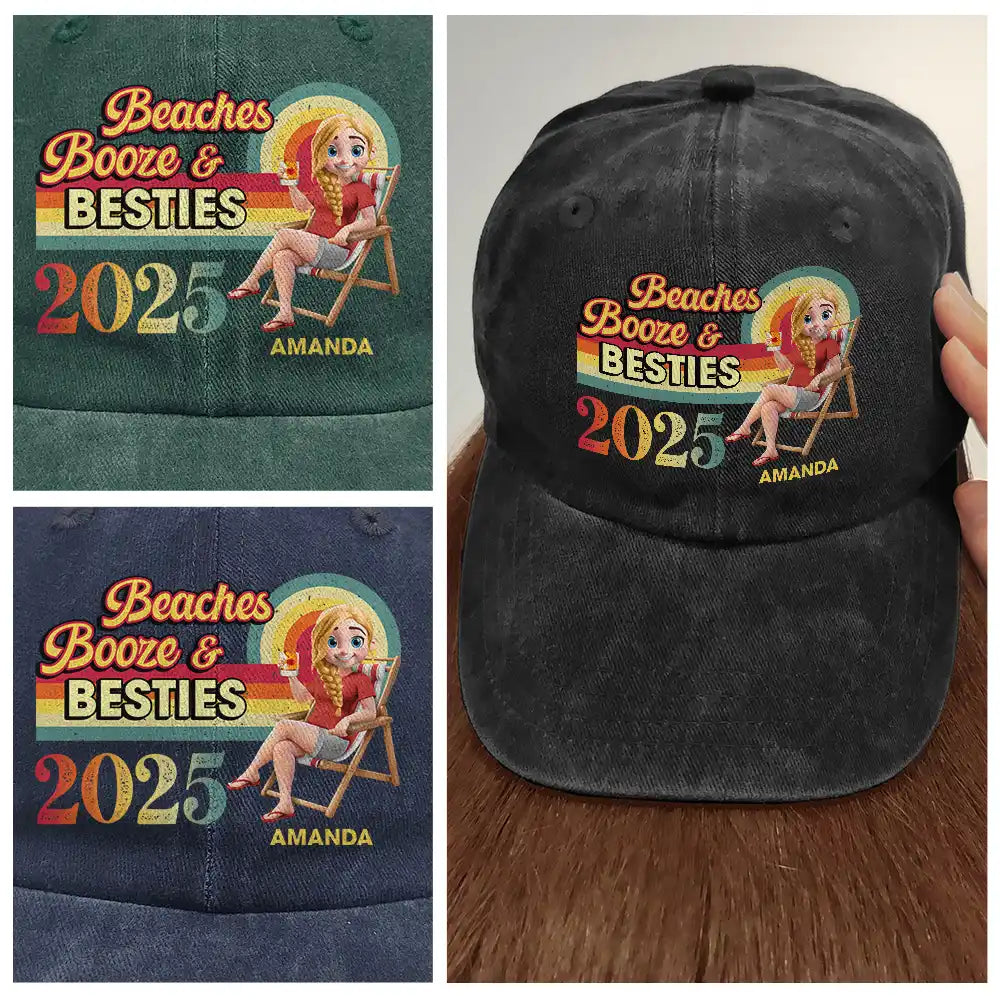 Girls Trip Besties Beach Vacation - Personalized Vintage Washed Denim Cap