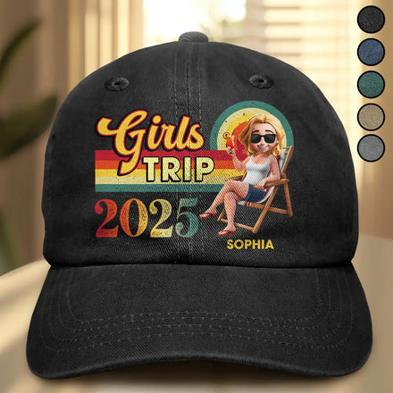 Girls Trip Besties Beach Vacation - Personalized Vintage Washed Denim Cap