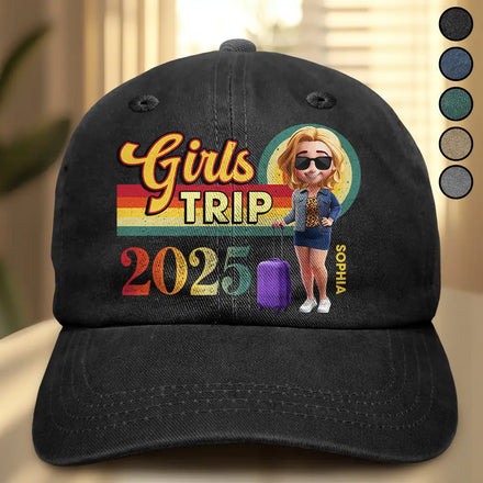 Girls Trip Besties Vacation Travel - Personalized Vintage Washed Denim Cap