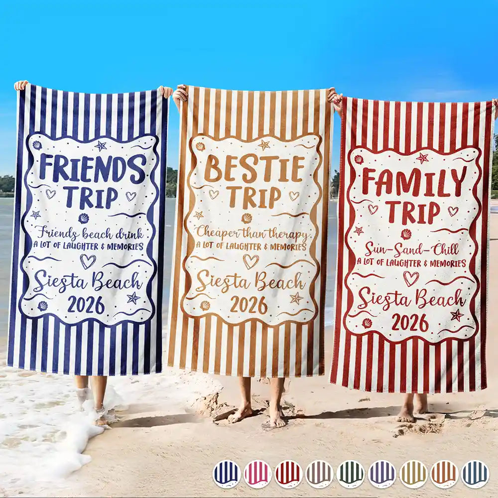 Gift For Bestie,Beach,Family,Happy,Icon - Girls Trip Family Trip On Vacation - Personalized Beach Towel