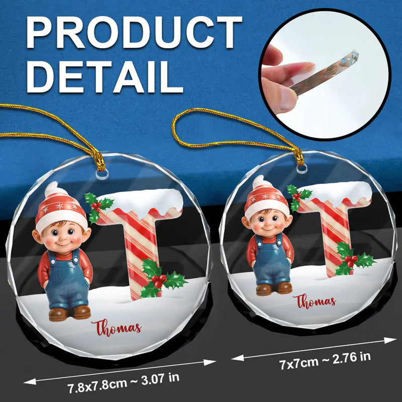 Gift For Kids, New baby, Happy, Christmas - Gnome Baby Christmas Candy Cane Letter - Personalized Circle Glass Ornament