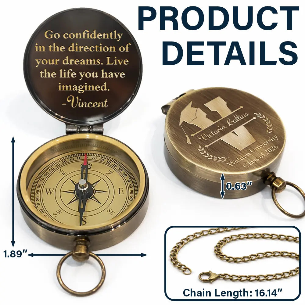 Graduation,Gift For Women,Gift For Men,Happy,Gift For Yourself - Go Confidently In The Direction Of Your Dreams - Personalized Engraved Brass Compass