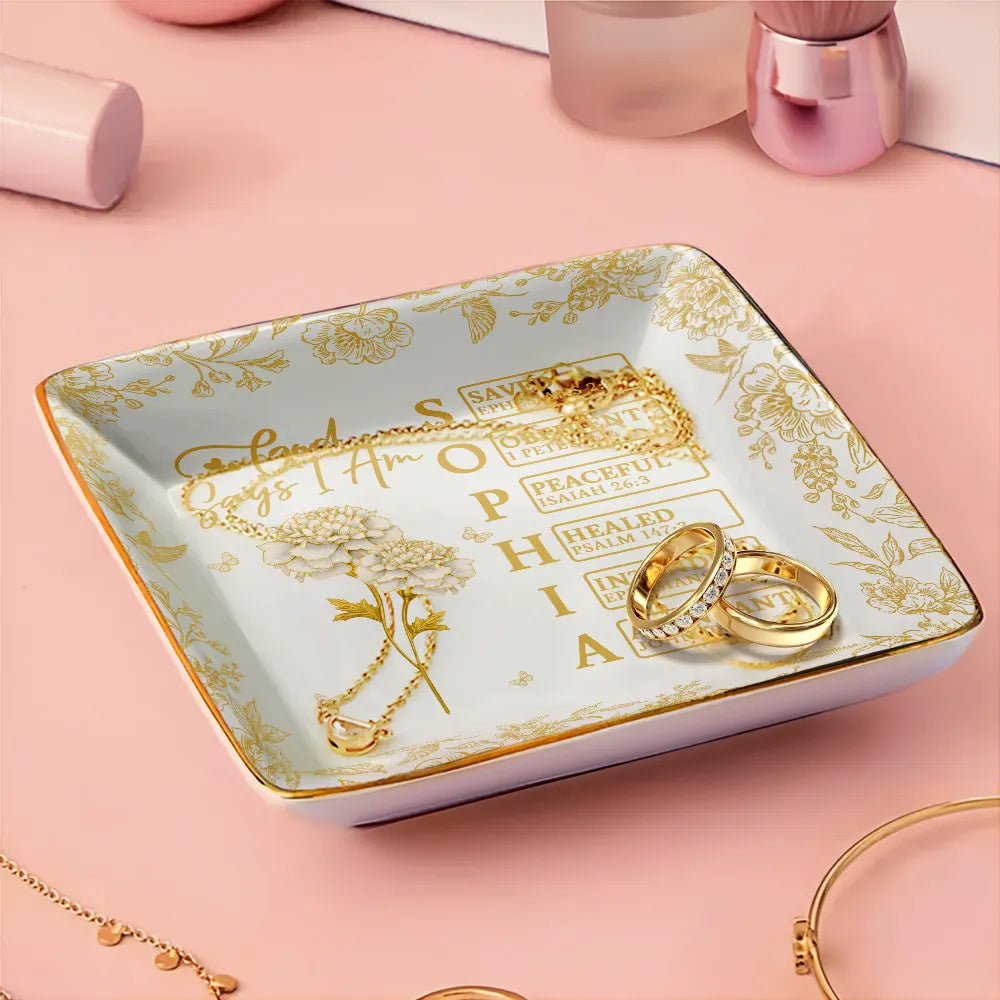 Gift For Yourself, Happy - God Says You Are Gold Birth Month Flower - Personalized Ring Dish