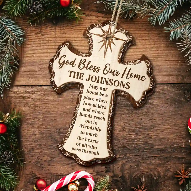Christian,Christmas,Family - God Bless Our Home - Personalized 2-Layered Wooden Ornament