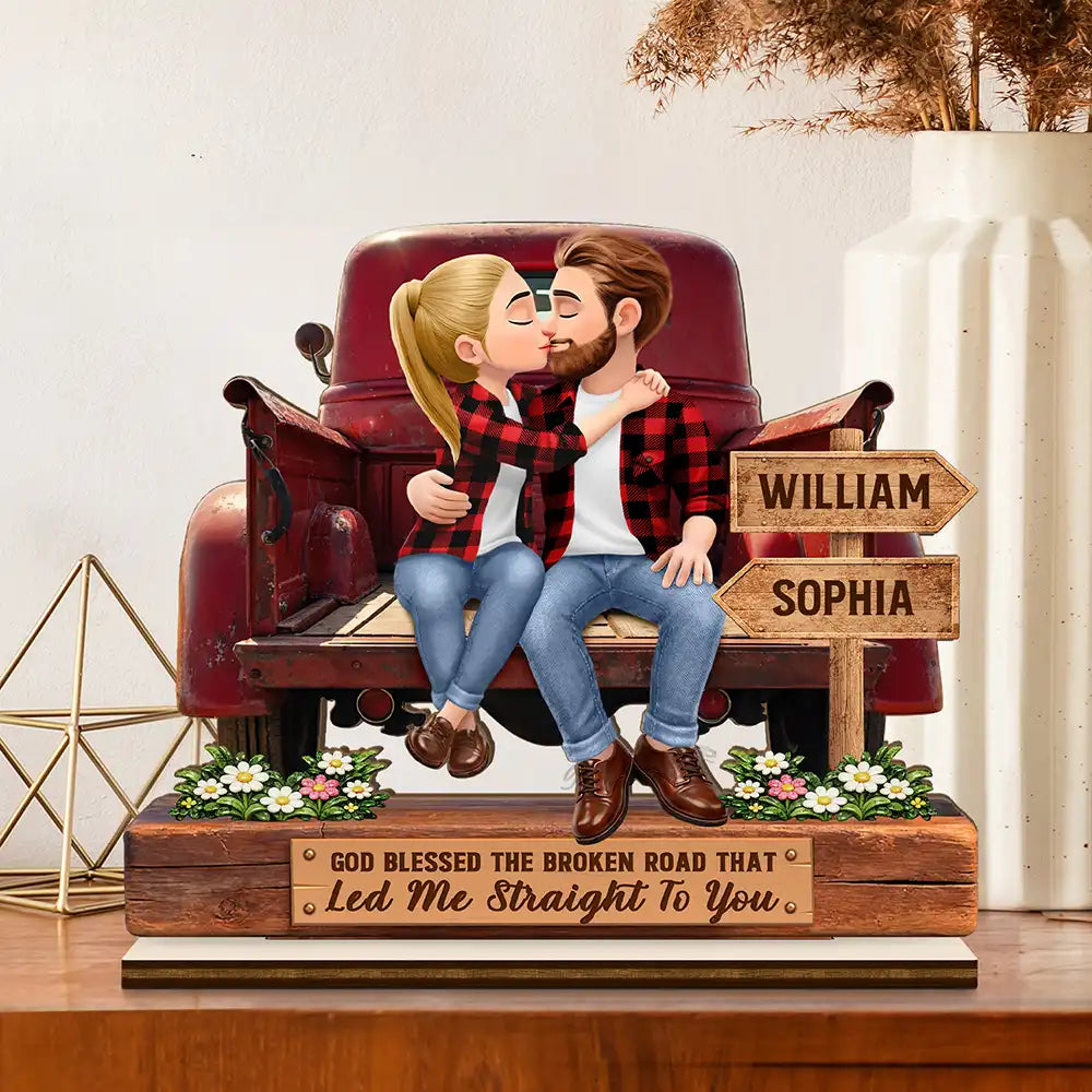 God Blessed The Broken Road Flannel Couple - Personalized Custom Shaped 2-Layered Acrylic Wooden Plaque