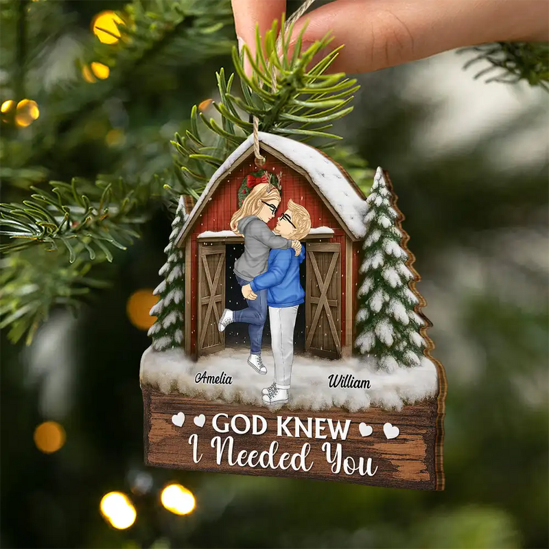 Christmas,Gift For Couples,Gift For Husband,Gift For Wife,Gift For Boyfriend,Happy - God Gave Me You Couple Red Barn - Personalized Custom Shaped Wooden Ornament