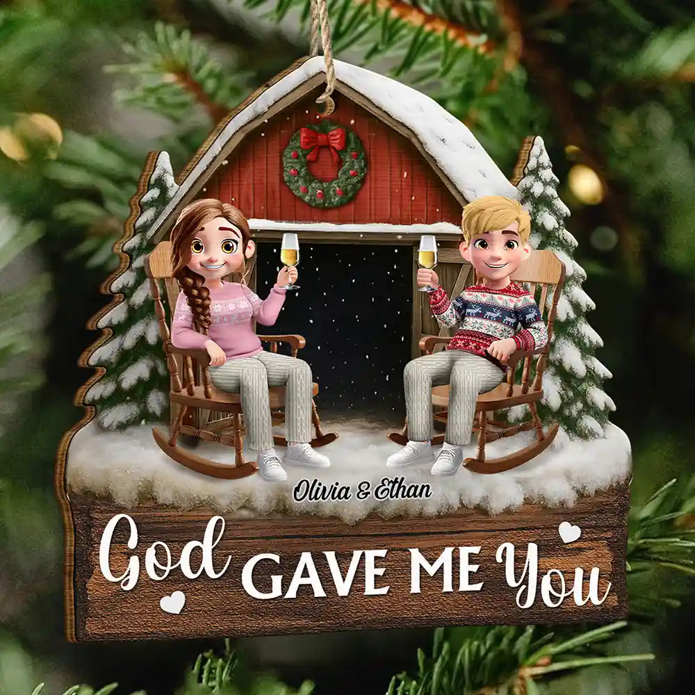 God Gave Me You Couple Red Barn Couple Sitting - Personalized Custom Shaped Wooden Ornament