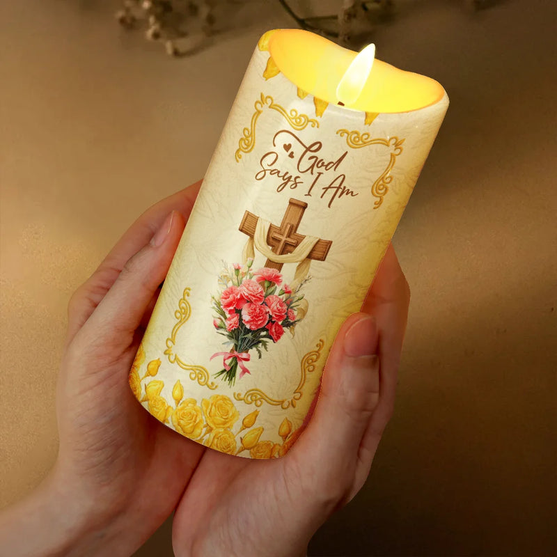Christmas,Christian,Gift For Yourself - God Says I Am 3D Effect Flower Border - Personalized Flameless LED Candle