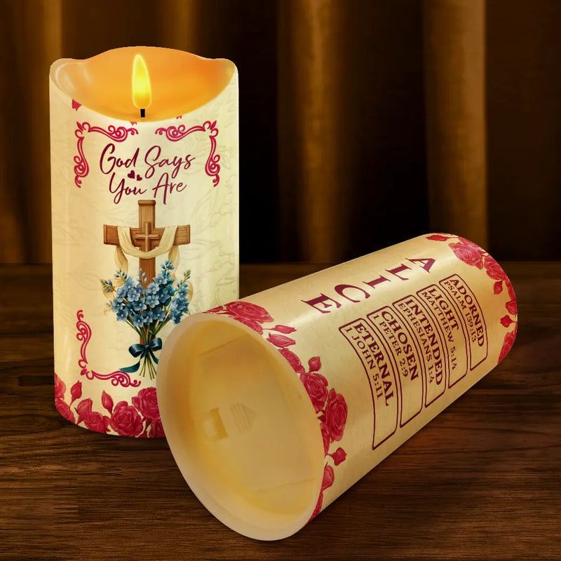 Christmas,Christian,Gift For Yourself - God Says I Am 3D Effect Flower Border - Personalized Flameless LED Candle