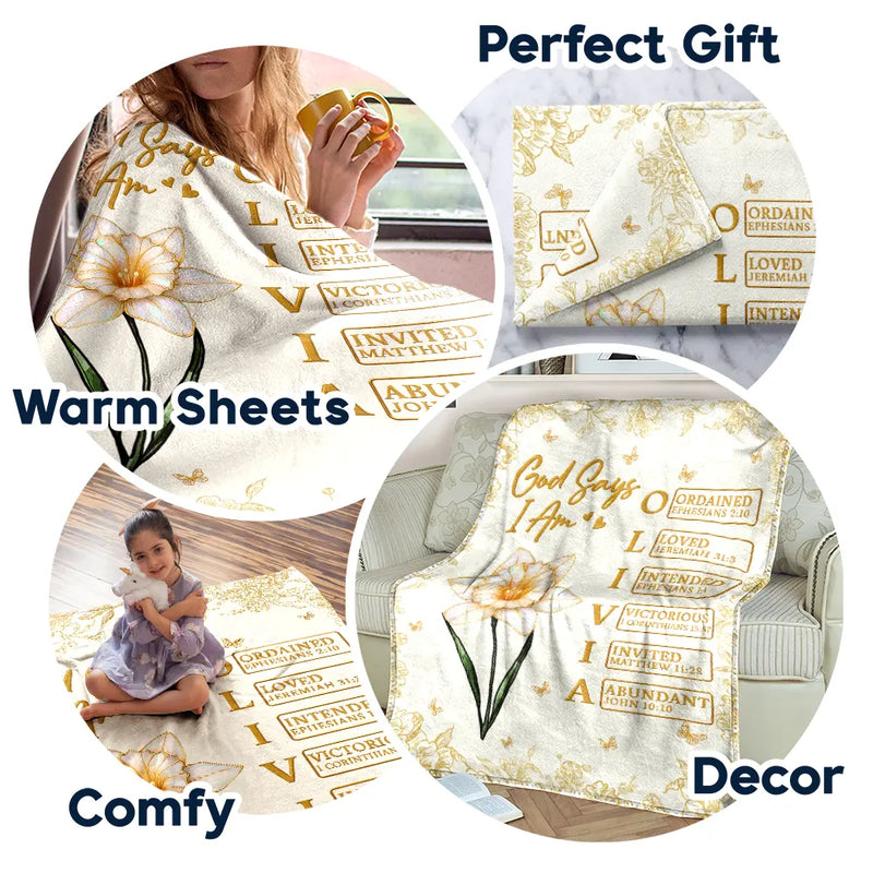 Gift For Yourself, Gift For Women, Happy, Gift For Men, Top Market - God Says I Am Birth Flower 3D Effect Name Letter In Bible - Personalized Fleece Blanket, Sherpa Blanket