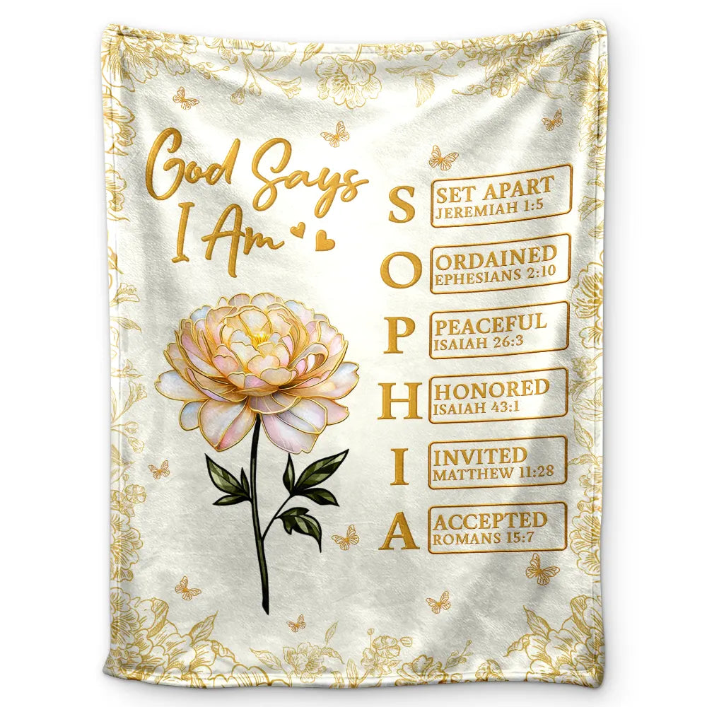 God Says I Am Birth Flower 3D Effect Name Letter In Bible - Personalized Fleece Blanket, Sherpa Blanket