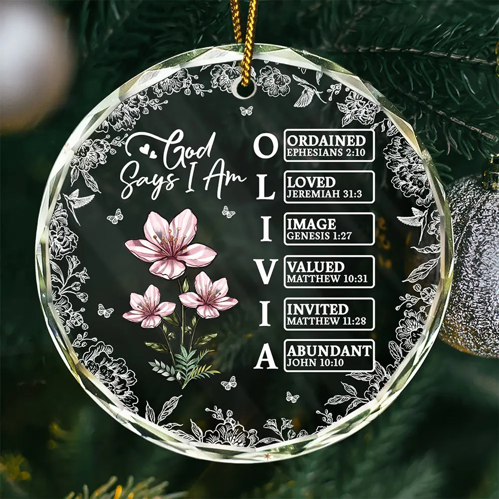 God Says I Am Name Letter In Bible - Personalized Circle Glass Ornament