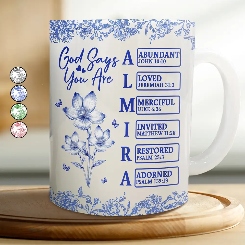 God Says I Am Toile De Jouy Flower - Personalized White Edge-to-Edge Mug