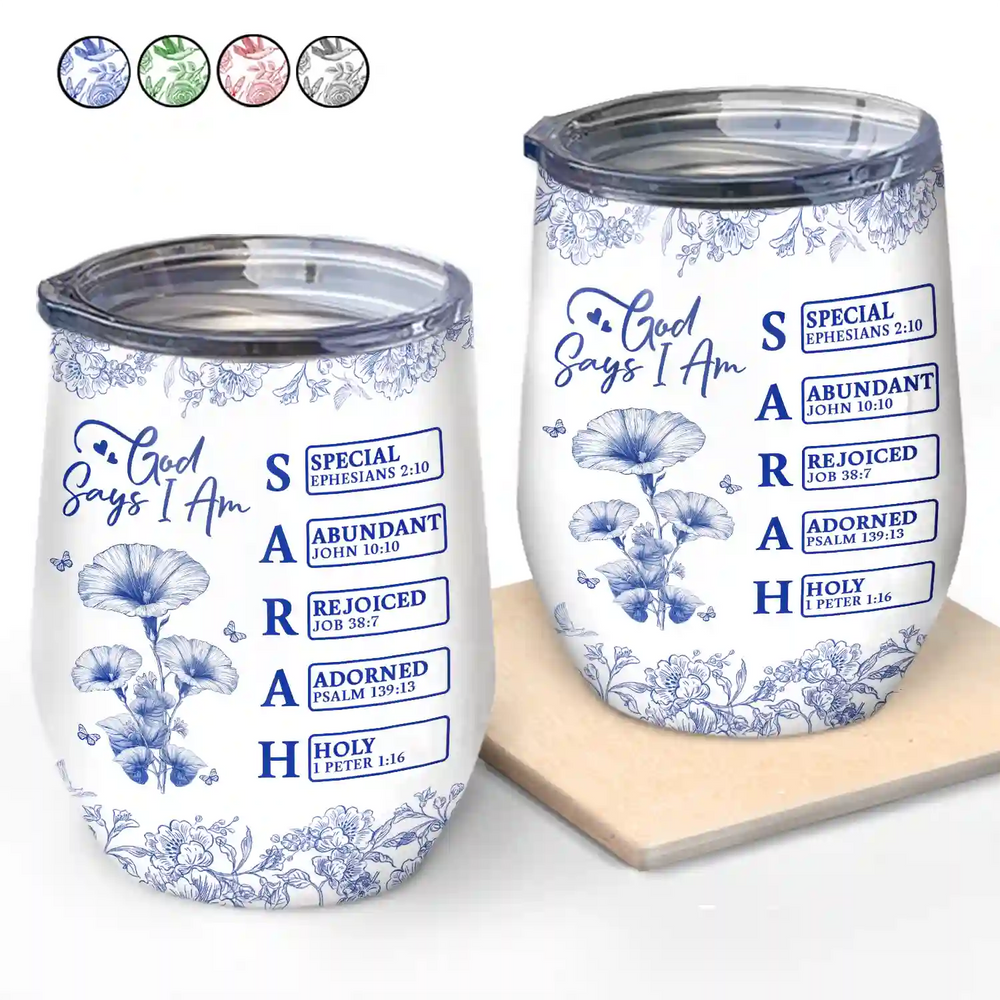 God Says I Am Toile De Jouy Flower - Personalized Wine Tumbler
