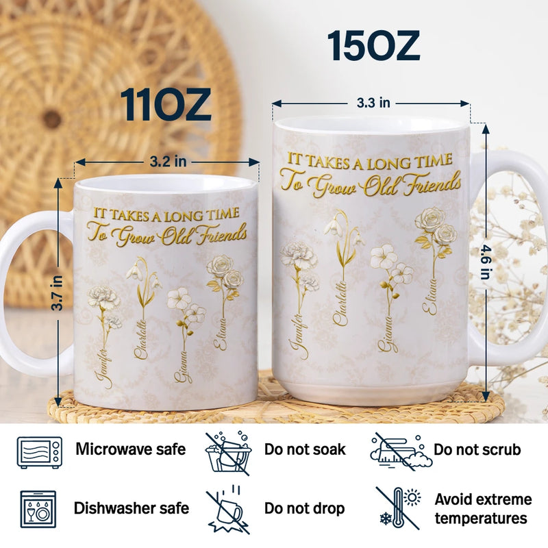 Old Best friends, Gift For Women, Gift For Bestie, Happy, Top Market - Gold Birth Month Flower Grow An Old Friend - Personalized White Edge-to-Edge Mug