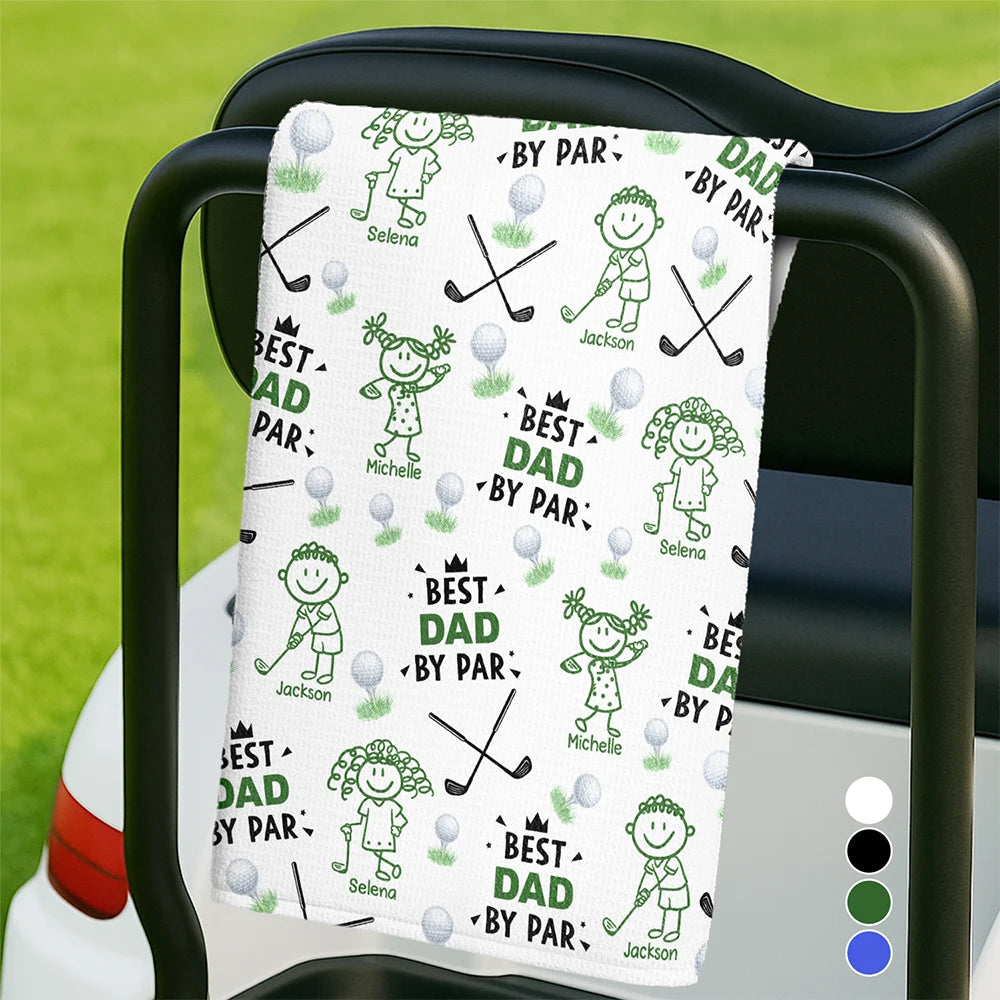 Sport Dad,Golf,Gift For Father,Stick Figure,Non-Eng,Icon,Playful - Golf Dad Best Dad By Par Kid Stick Figures - Personalized Golf Towel