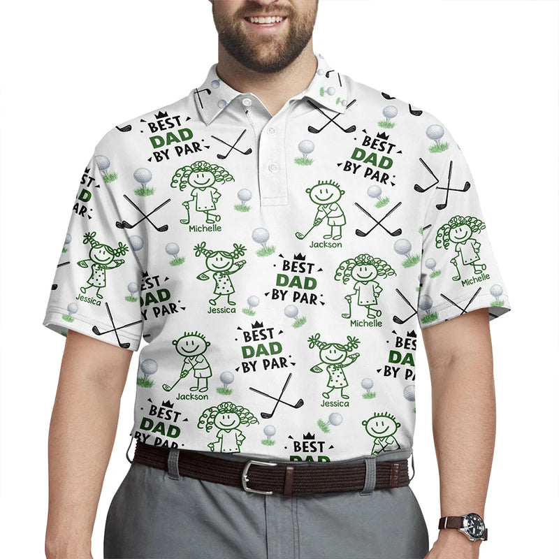 Sport Dad,Golf,Gift For Father,Stick Figure,Icon,Playful - Golf Dad Best Dad By Par Kid Stick Figures - Personalized Polo Shirt