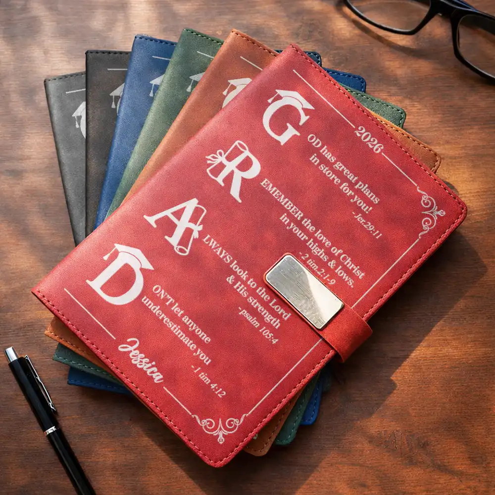 Graduation,Happy,Gift For Yourself,Gift For Women,Gift For Men,Gift For Daughter,Gift For Son,Gift For Bestie - Grad Monogram With Faith-Filled Inspiration - Personalized Leather Notebook Set