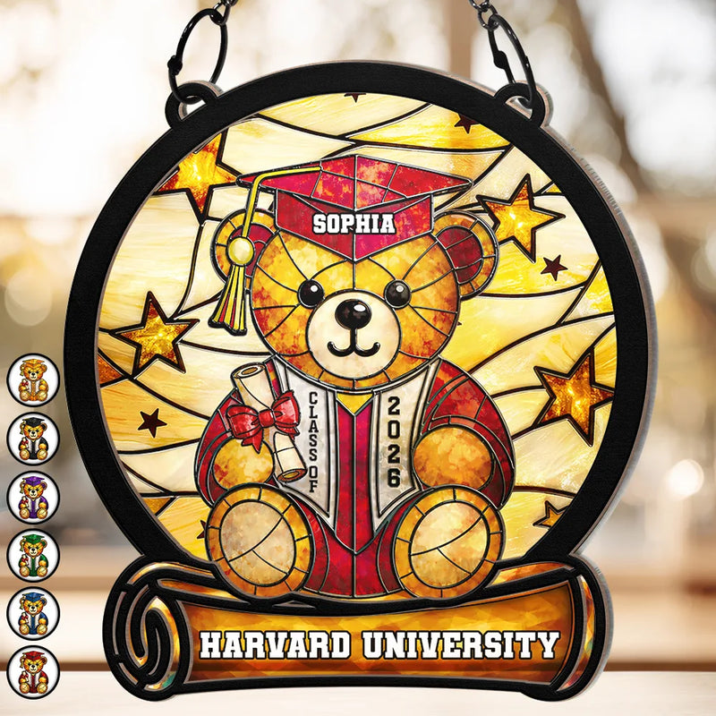 Graduation,Gift For Kids,Gift For Daughter,Gift For Son,Gift For Sibling,Gift For Sisters,Gift For Brothers,Gift For Bestie,Happy,Icon - Graduation Bear - Personalized Window Hanging Suncatcher Ornament