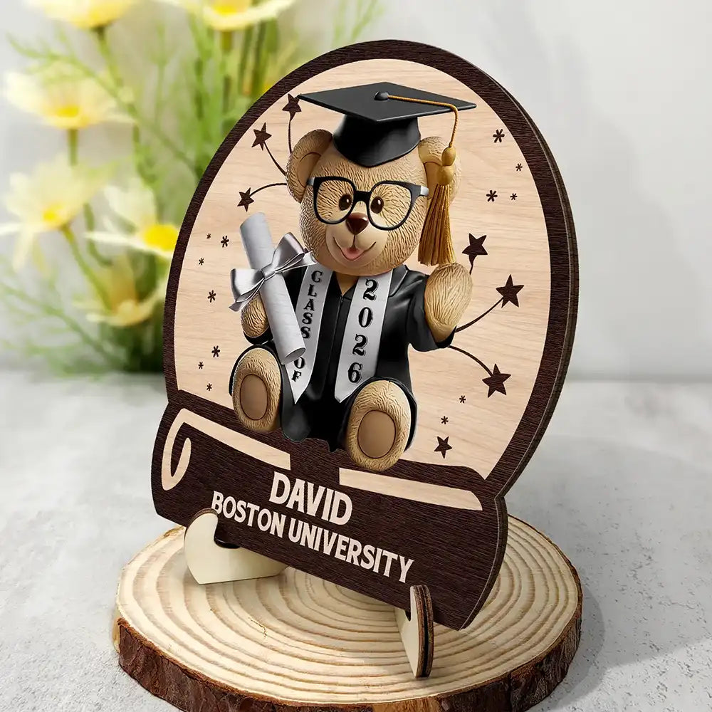 Graduation, Gift For Daughter, Gift For Son, Happy - Graduation Bear 3D Effect - Personalized 2-Layered Wooden Plaque With Stand