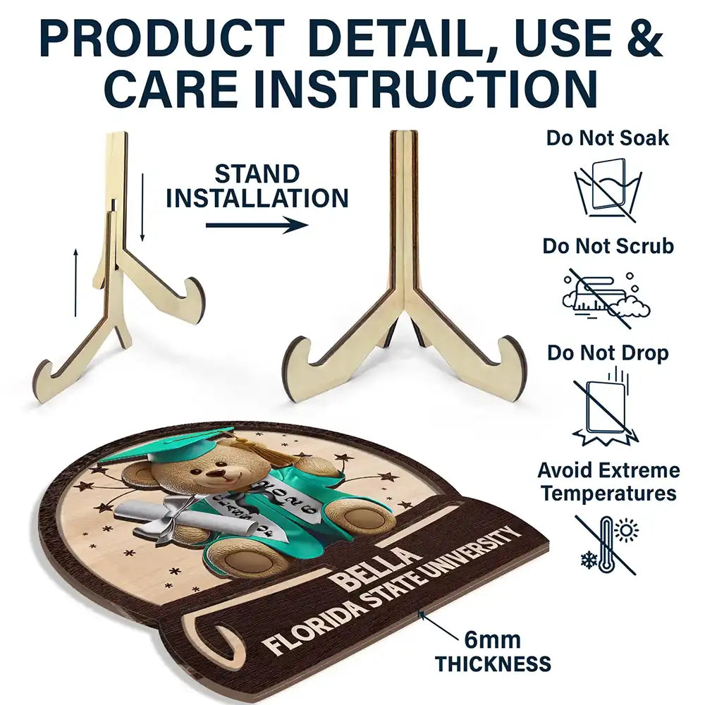 Graduation, Gift For Daughter, Gift For Son, Happy - Graduation Bear 3D Effect - Personalized 2-Layered Wooden Plaque With Stand