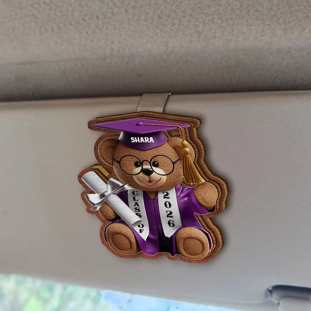 Graduation, Dad - Children, Mom - Children, Gift For Sibling, Gift For Bestie, Happy - Graduation Bear 3D Effect - Personalized Custom Shaped Car Visor Clip
