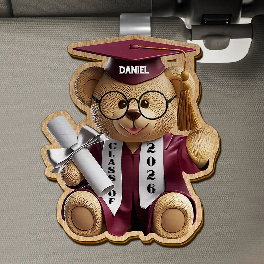 Graduation, Dad - Children, Mom - Children, Gift For Sibling, Gift For Bestie, Happy - Graduation Bear 3D Effect - Personalized Custom Shaped Car Visor Clip