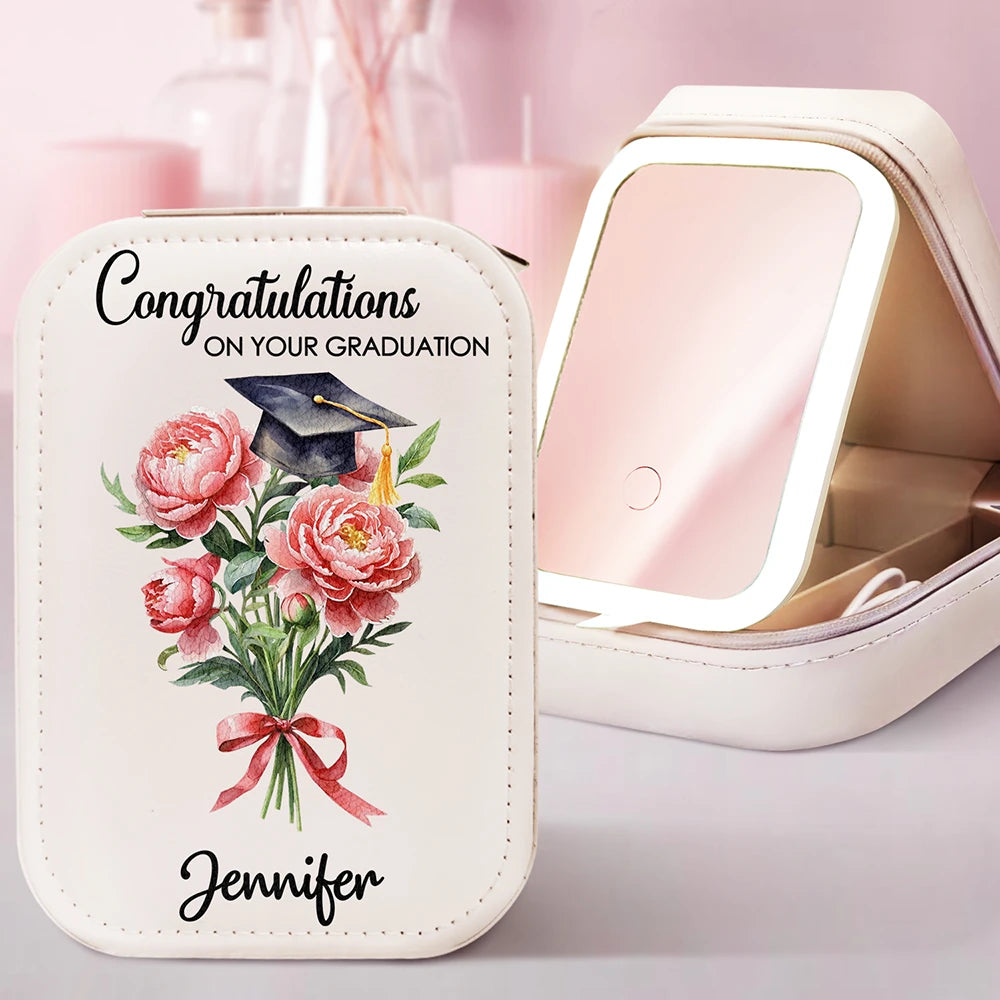 Graduation,Happy,Gift For Yourself,Gift For Women,Gift For Daughter,Gift For Sisters,Gift For Sibling,Gift For Bestie - Graduation Birth Flower Bouquet - Personalized Makeup Box With LED Mirror