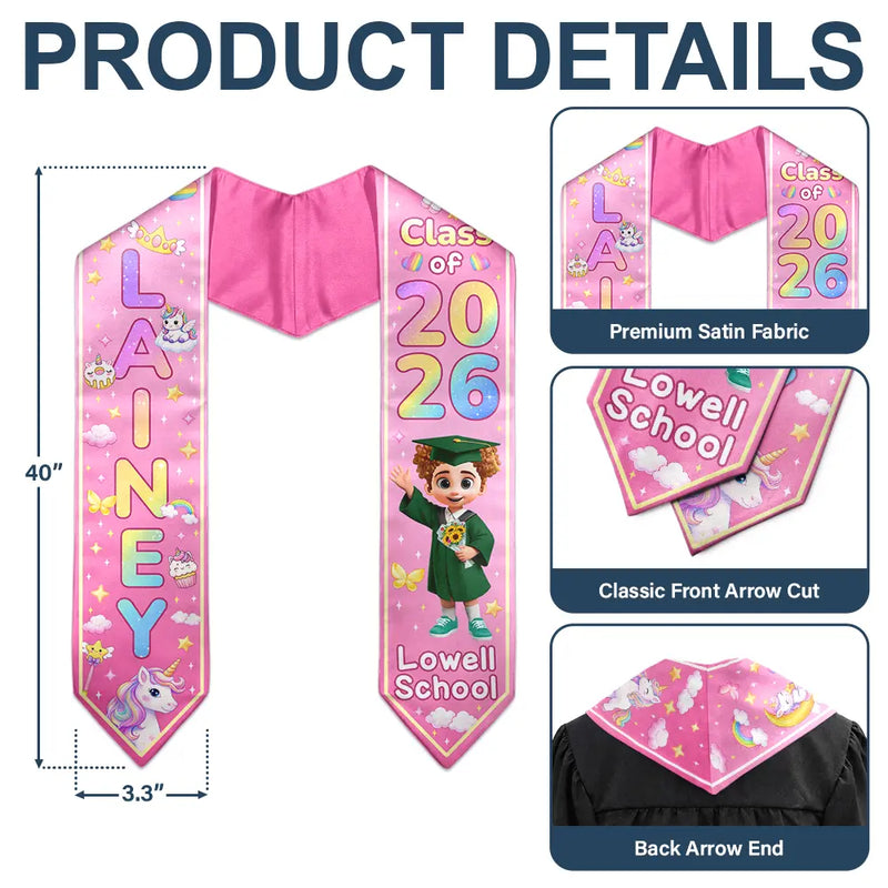 Graduation,Happy,Gift For Kids,Vector - Graduation Kid Dinosaur Unicorn - Personalized Kid Graduation Stole