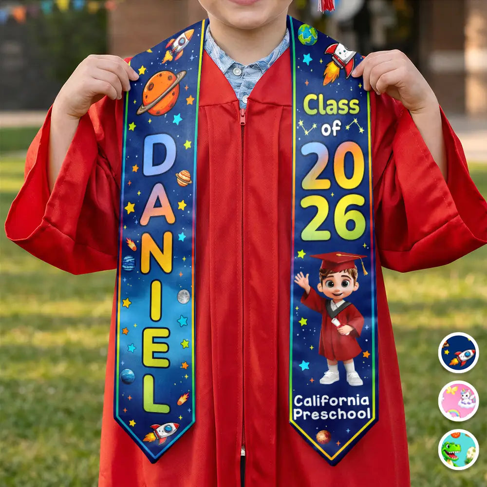 Graduation,Happy,Gift For Kids,Vector - Graduation Kid Dinosaur Unicorn - Personalized Kid Graduation Stole