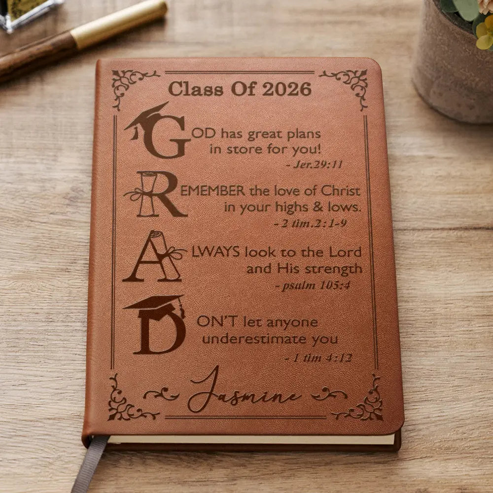 Graduation Motivation God Has Great Plans For You - Personalized Leather Journal
