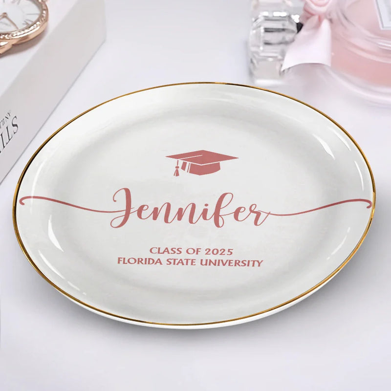 Graduation, Happy, Gift For Yourself - Graduation Your Name School Year - Personalized Round Ring Dish