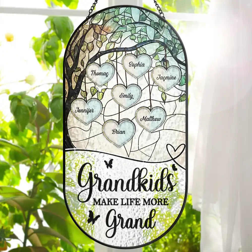 Happy,Gift For Husband,Gift For Wife,Parents,Gift For Grandpa,Gift For Mother,Gift For Father,Gift For Grandma,Gift For Grandparents - Grandkids Make Life More Grand - Personalized Rounded Rectangle Stained Glass Suncatcher