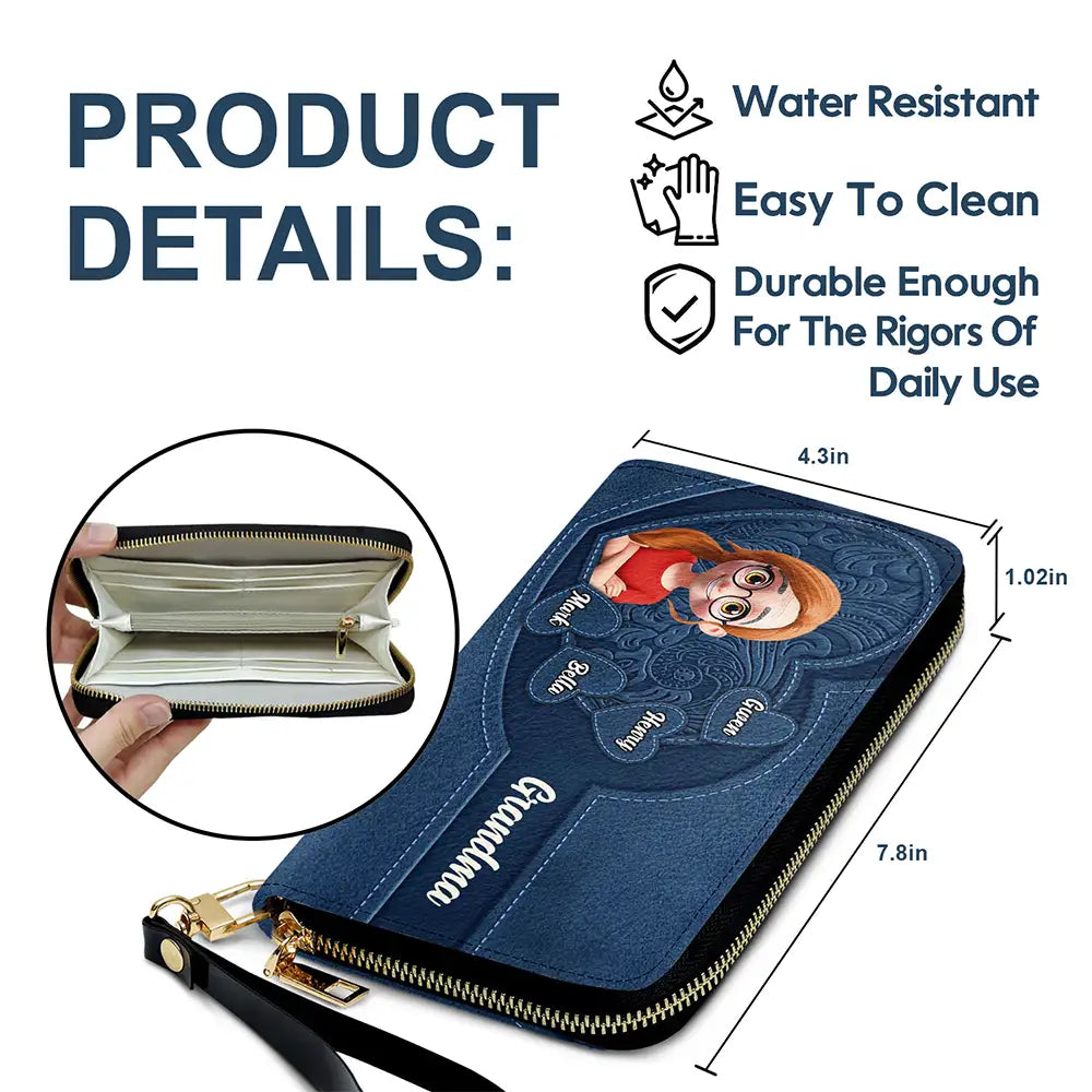Gift For Mother - Grandma Mother And Her Sweethearts - Personalized Leather Long Wallet