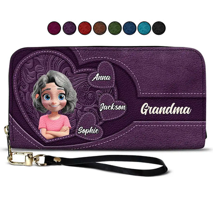 Grandma Mother And Her Sweethearts - Personalized Leather Long Wallet