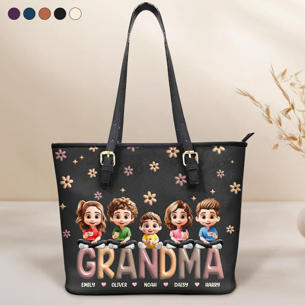 Grandma Grandkid Cartoon - Personalized Leather Tote Bag