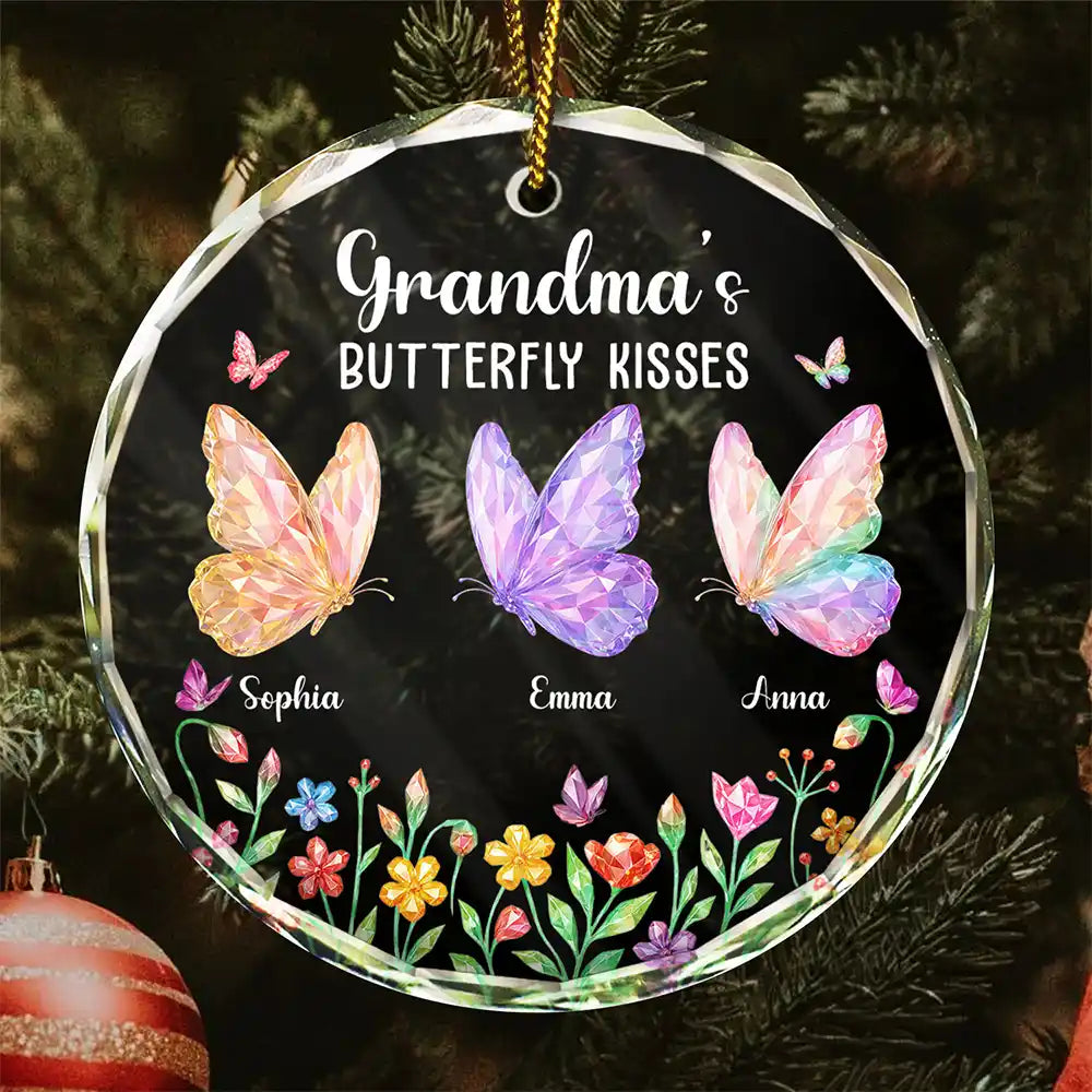 Grandma Kisses Crystal Effect Butterflies - Personalized Circle Glass Ornament