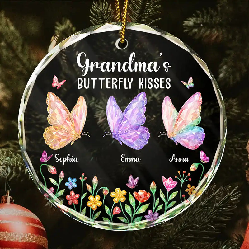 Grandma,Grandkids,Gift For Grandkids,Gift For Grandma,Top Market,Love,Christmas -  Grandma Kisses Crystal Effect Butterflies - Personalized Circle Glass Ornament