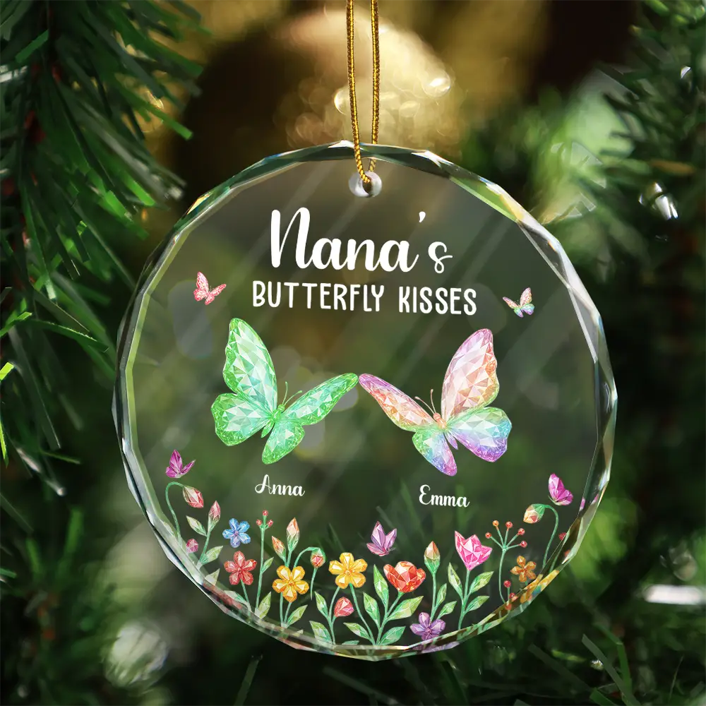Grandma,Grandkids,Gift For Grandkids,Gift For Grandma,Top Market,Love,Christmas -  Grandma Kisses Crystal Effect Butterflies - Personalized Circle Glass Ornament