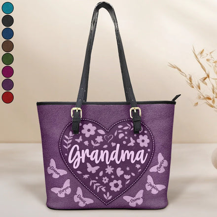 Grandma Leather Floral - Personalized Leather Tote Bag
