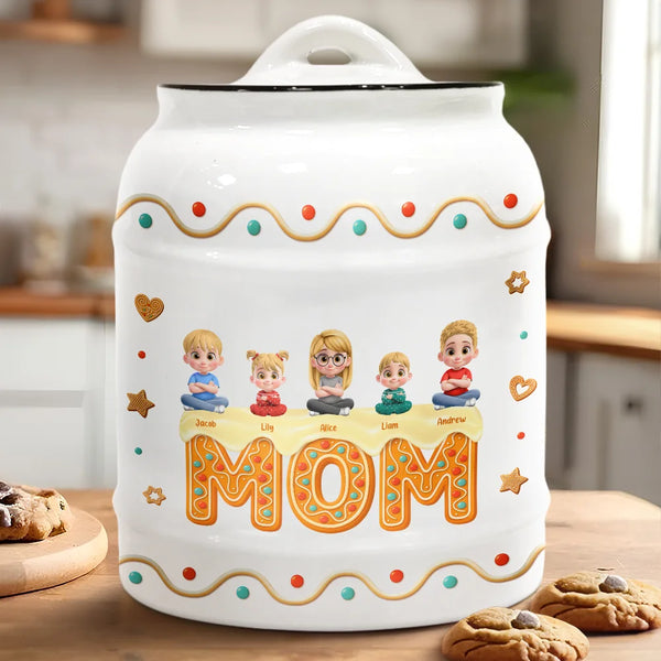 Gift For Grandma,Grandma - Grandkids,Gift For Mother,Single Mom,Mom - Children,Mom - Sons,Mom - Daughters (Young),Mom - Daughters (Adult),Christmas,Happy - Grandma Mom 3D Effect - Personalized Cookie Jar