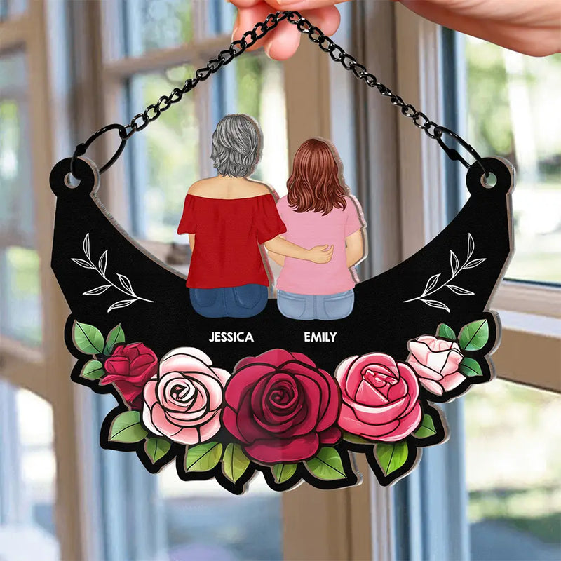 Gift For Yourself, Gift For Women, Gift For Mother, Mom - Daughters (Adult), Mom - Daughters (Young), Mom - Sons, Mom - Children, Gift For Grandma, Grandma - Grandkids, Love, Afro Mom - Grandma Mom And Children Sitting On Floral Moon - Personalized Window Hanging Suncatcher Ornament
