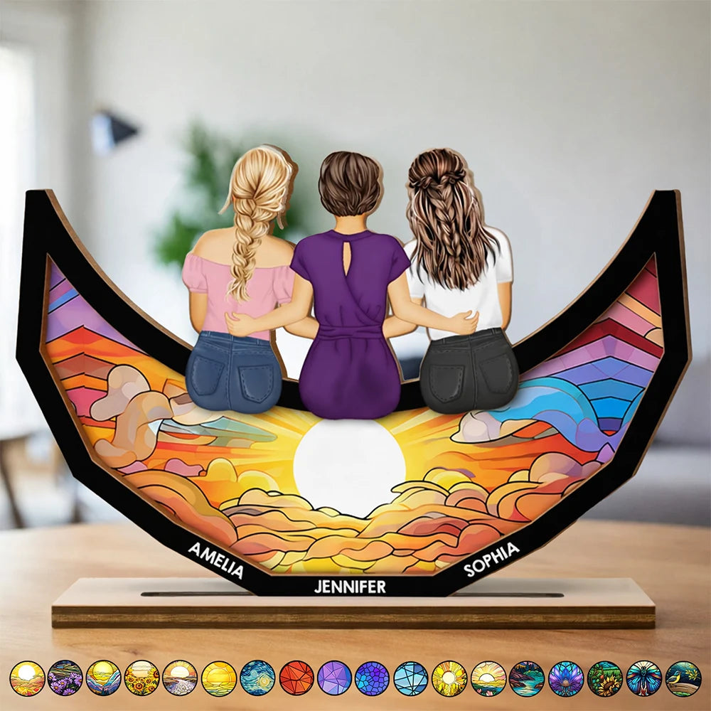 Gift For Grandma, Grandma - Grandkids, Gift For Mother, Happy - Grandma Mom And Children Sitting On The Moon - Personalized Custom Shaped 2-Layered Wooden Plaque