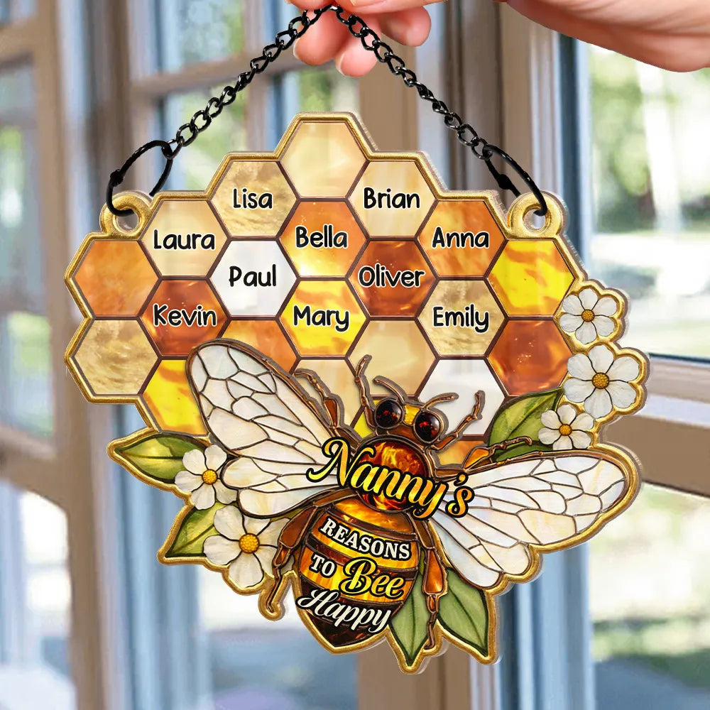 Gift For Grandma,Grandma - Grandkids,Happy - Grandma Mom Bee Stained Glass Effect - Personalized Window Hanging Suncatcher Ornament
