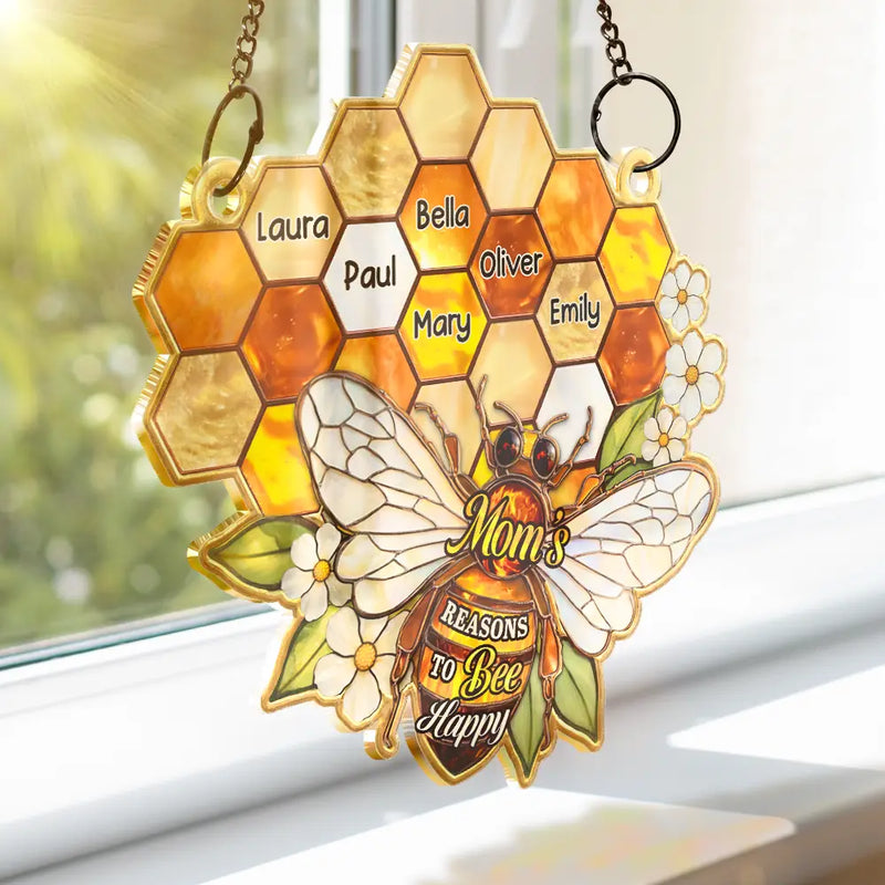 Gift For Grandma,Grandma - Grandkids,Happy - Grandma Mom Bee Stained Glass Effect - Personalized Window Hanging Suncatcher Ornament