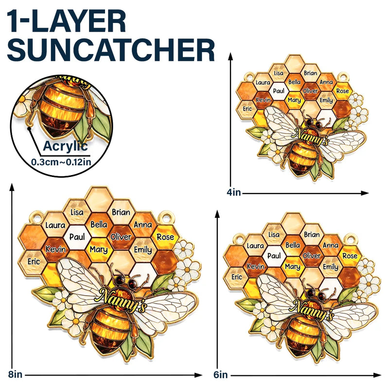 Gift For Grandma,Grandma - Grandkids,Happy - Grandma Mom Bee Stained Glass Effect - Personalized Window Hanging Suncatcher Ornament