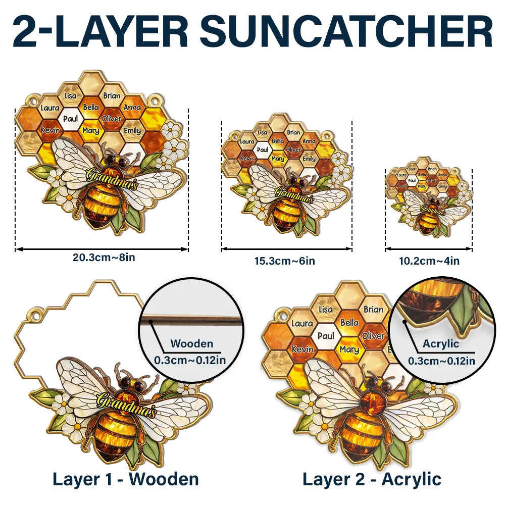 Gift For Grandma,Grandma - Grandkids,Happy - Grandma Mom Bee Stained Glass Effect - Personalized Window Hanging Suncatcher Ornament