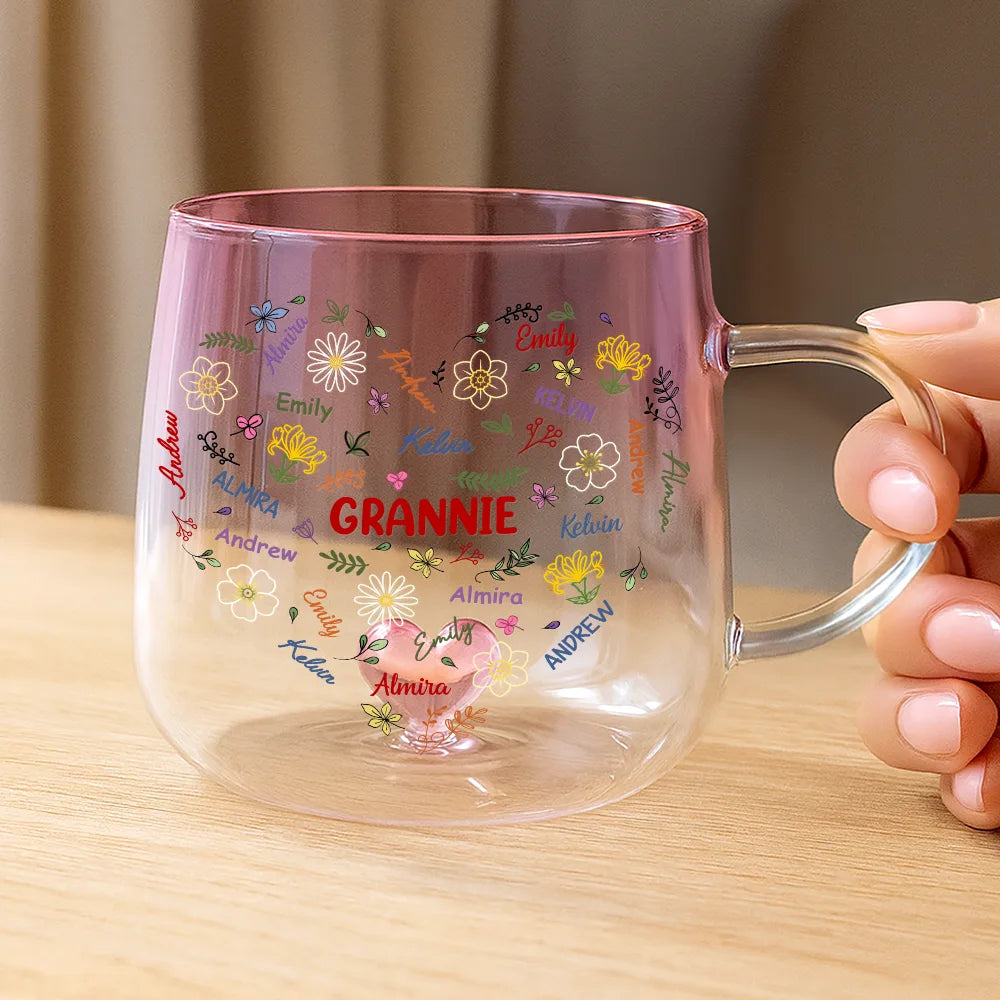 Gift For Grandma, Gift For Mother, Love, Happy - Grandma Mom Birth Flower Blooming In Love - Personalized Gradient Glass Mug