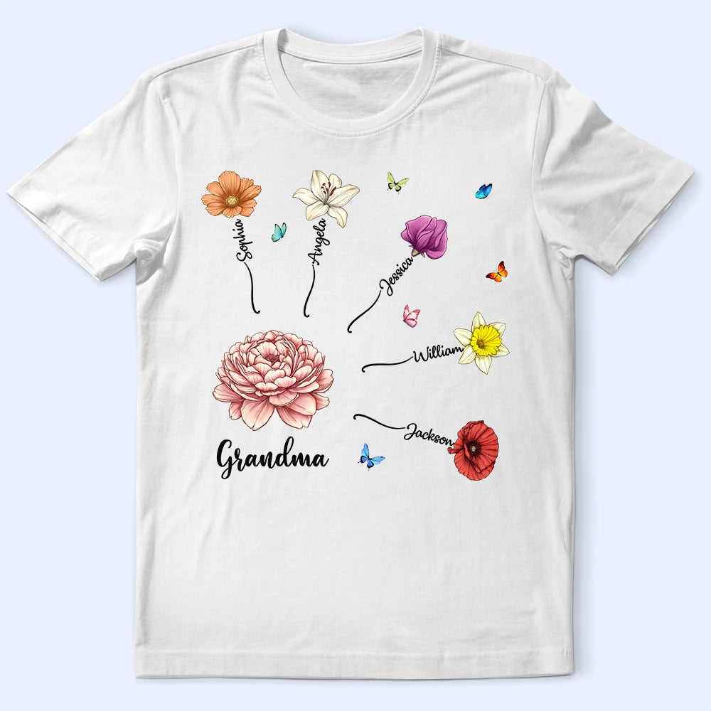 Grandma Mom Birth Month Flower Blooming In Love - Personalized T Shirt