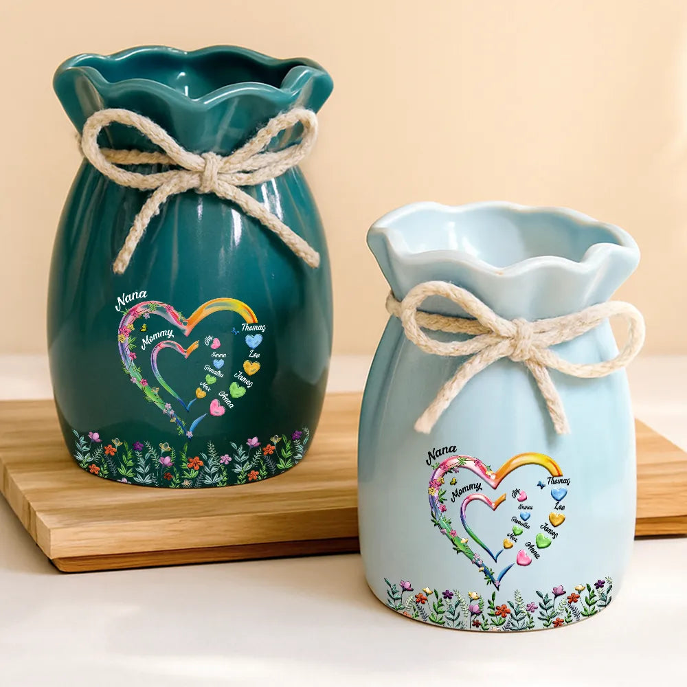 Gift For Grandma, Gift For Mother, Love - Grandma Mom Sweethearts 3D Effect Faux Ceramic Glaze - Personalized Ribbon Tie Flower Vase